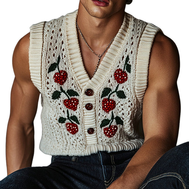 Men's Strawberry Jacquard Knit Vest | Casual Loose Fit | V-Neck Design | Unique Pattern | Soft Comfortable Fabric | Versatile Layering Piece | Fashionable Men's Tops | Stylish and Relaxed Wear