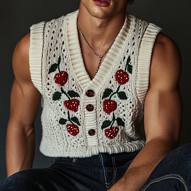 Men's Strawberry Jacquard Knit Vest | Casual Loose Fit | V-Neck Design | Unique Pattern | Soft Comfortable Fabric | Versatile Layering Piece | Fashionable Men's Tops | Stylish and Relaxed Wear