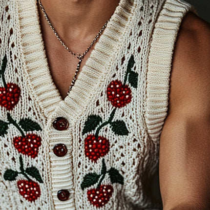 Men's Strawberry Jacquard Knit Vest | Casual Loose Fit | V-Neck Design | Unique Pattern | Soft Comfortable Fabric | Versatile Layering Piece | Fashionable Men's Tops | Stylish and Relaxed Wear