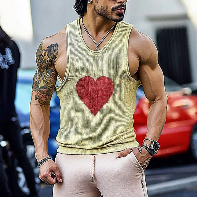 Men's Heart Pattern Tank Top | Jacquard Knit | Crew Neck Sleeveless | Fashionable Casual Wear | Ideal for Layering | Playful Heart Design | High-Quality Fabric | Versatile Style