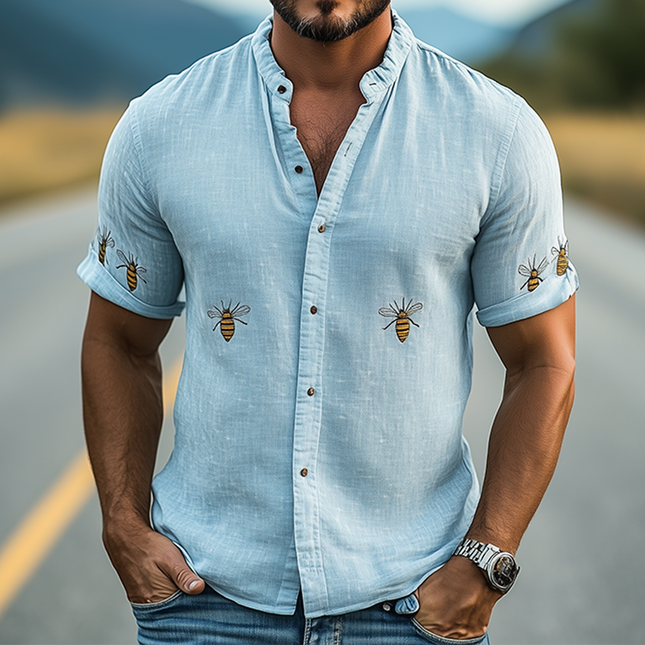 Men's Summer Casual Shirt | Stand Collar | Cotton Linen Blend | Animal Embroidery | Short Sleeve | Lightweight Breathable | Relaxed Fit | Versatile Styling | Fashionable Statement