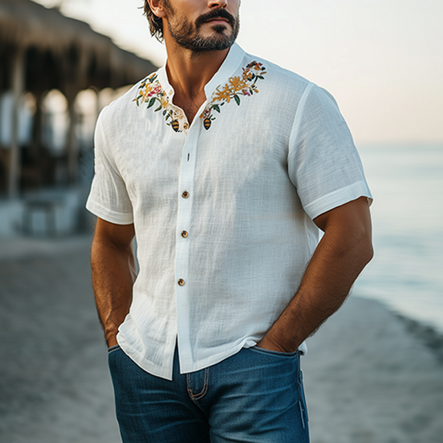 Men's Hawaiian Shirt | Summer Casual | Stand Collar | Cotton Linen Blend | Embroidered | Short Sleeve | Breathable | Relaxed Fit | Beachwear | Stylish Men's Top | Perfect for Summer Outings