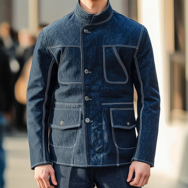 Men's Denim Jacket | Dark Blue | Stand Collar | Regular Fit | Button-Down Front | Layering Outerwear | Sizes S-3XL | Casual Fashion | Versatile Style
