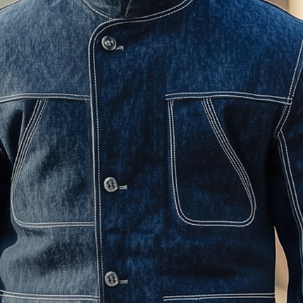 Men's Denim Jacket | Dark Blue | Stand Collar | Regular Fit | Button-Down Front | Layering Outerwear | Sizes S-3XL | Casual Fashion | Versatile Style