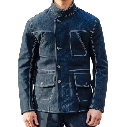 Men's Denim Jacket | Dark Blue | Stand Collar | Regular Fit | Button-Down Front | Layering Outerwear | Sizes S-3XL | Casual Fashion | Versatile Style