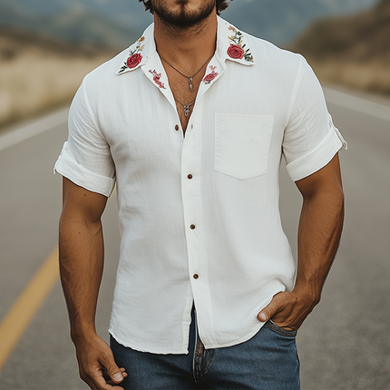 Men's Summer Casual Shirt | Cotton Linen Blend | Cuban Collar | Rose Embroidery | Short Sleeve | Breathable Fabric | Relaxed Fit | Ideal for Casual or Semi-Formal Occasions