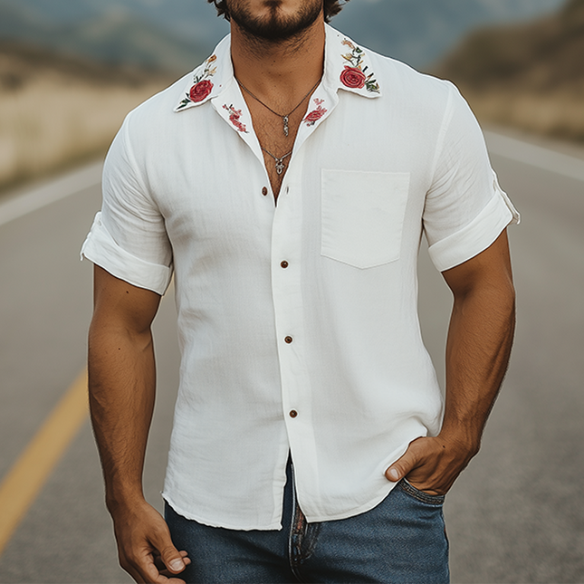 Men's Summer Casual Shirt | Cotton Linen Blend | Cuban Collar | Rose Embroidery | Short Sleeve | Breathable Fabric | Relaxed Fit | Ideal for Casual or Semi-Formal Occasions