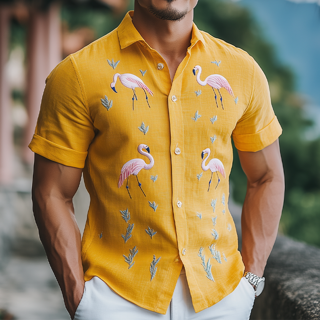 Men's Summer Hawaiian Shirt | Cotton Linen Blend | Flamingo Embroidery | Short Sleeve | Casual Relaxed Fit | Breathable Beachwear | Tropical Style | Machine Washable | Versatile for Summer Events