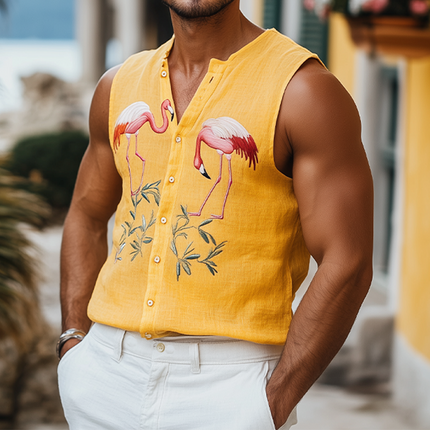 Men's Summer Casual Tank Top | Hawaiian Style | Cotton Linen Blend | Flamingo Embroidery | Breathable Sleeveless Shirt | Relaxed Fit Beachwear | Tropical Summer Fashion