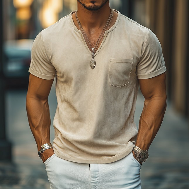 Men's Summer Casual T-Shirt | Thin Suede V-neck | Short Sleeve with Pocket | Lightweight & Breathable