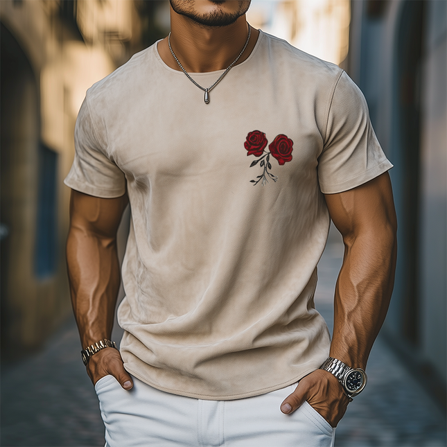 Men's Summer Casual T-Shirt | Thin Suede Fabric | Rose Embroidered Design | Short Sleeve Comfort | Stylish Streetwear for Warm Weather