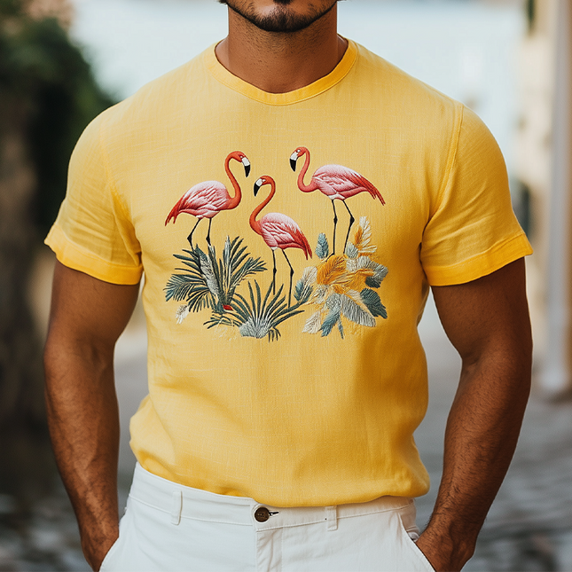 Men's Hawaiian Style T-Shirt | Cotton Linen Blend | Animal Embroidery | Short Sleeve | Summer Fashion | Casual Beachwear | Breathable & Comfortable | Versatile & Stylish | Tropical Design