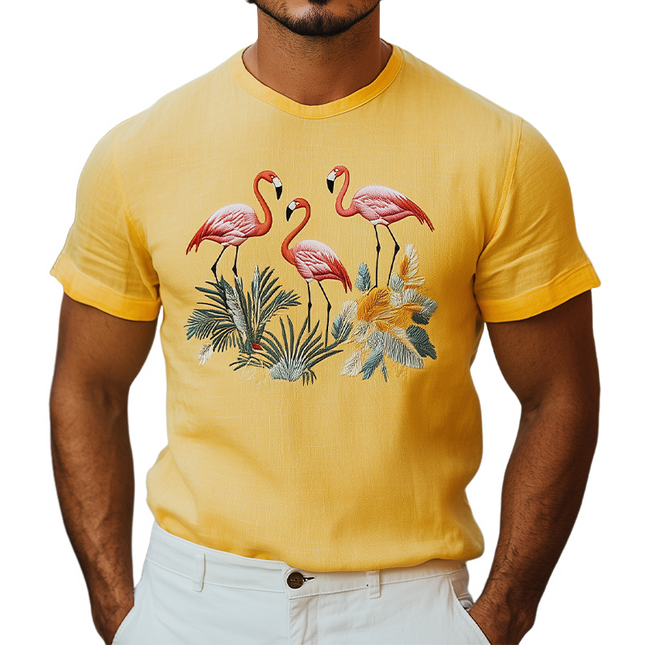 Men's Hawaiian Style T-Shirt | Cotton Linen Blend | Animal Embroidery | Short Sleeve | Summer Fashion | Casual Beachwear | Breathable & Comfortable | Versatile & Stylish | Tropical Design