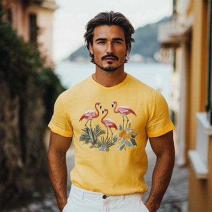 Men's Hawaiian Style T-Shirt | Cotton Linen Blend | Animal Embroidery | Short Sleeve | Summer Fashion | Casual Beachwear | Breathable & Comfortable | Versatile & Stylish | Tropical Design