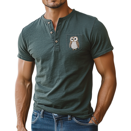Men's Slim Fit Henley T-Shirt | Cotton Blend Short Sleeve | Animal Embroidery | Casual Summer Shirt with Pocket | Breathable & Soft | Stylish & Comfortable | Ideal for Outdoor Activities