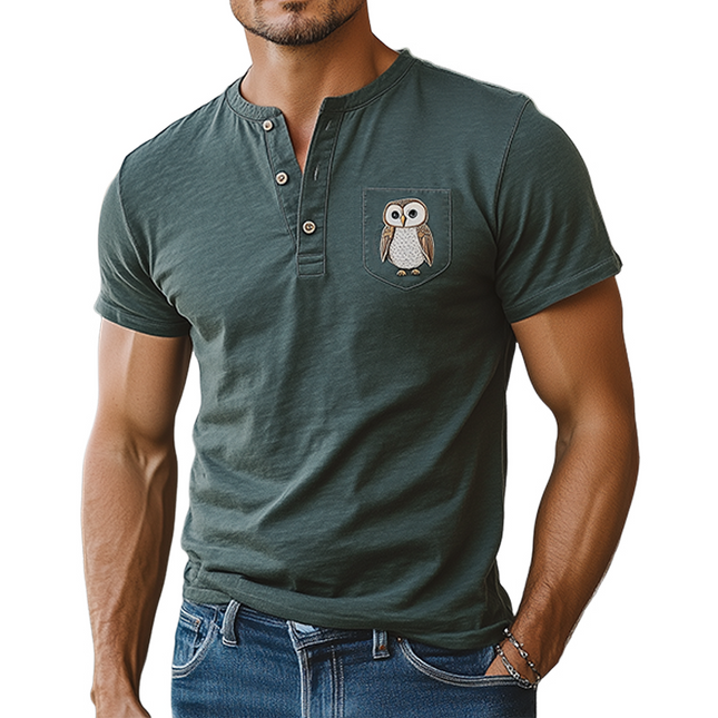 Men's Slim Fit Henley T-Shirt | Cotton Blend Short Sleeve | Animal Embroidery | Casual Summer Shirt with Pocket | Breathable & Soft | Stylish & Comfortable | Ideal for Outdoor Activities