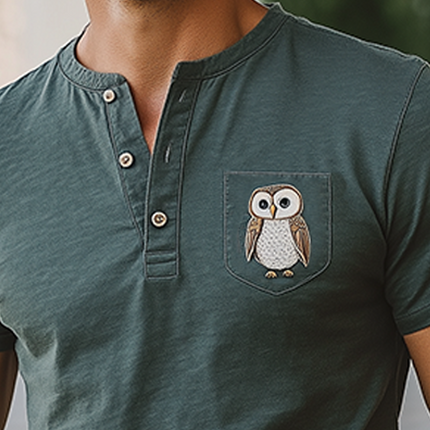 Men's Slim Fit Henley T-Shirt | Cotton Blend Short Sleeve | Animal Embroidery | Casual Summer Shirt with Pocket | Breathable & Soft | Stylish & Comfortable | Ideal for Outdoor Activities