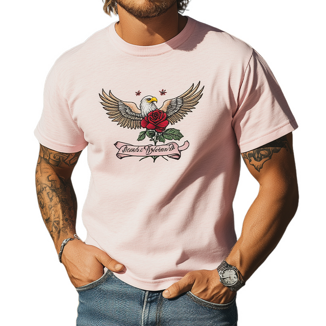 Men's Casual Cotton Blend T-Shirt | Bald Eagle & Rose Embroidery | Short Sleeve | Summer Fashion | Breathable & Comfortable | Versatile Styling | Easy Care | Relaxed Fit