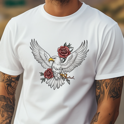 Men's Summer Fashion T-Shirt | Cotton Blend | Bald Eagle & Rose Print | Casual Short Sleeve | Soft & Breathable | Artistic Design | Comfortable Fit | Versatile Style for Any Occasion