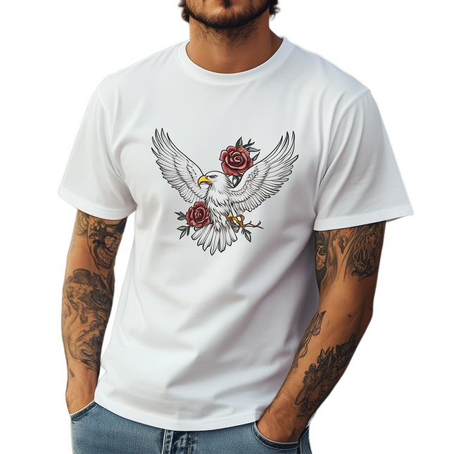 Men's Summer Fashion T-Shirt | Cotton Blend | Bald Eagle & Rose Print | Casual Short Sleeve | Soft & Breathable | Artistic Design | Comfortable Fit | Versatile Style for Any Occasion