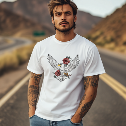Men's Summer Fashion T-Shirt | Cotton Blend | Bald Eagle & Rose Print | Casual Short Sleeve | Soft & Breathable | Artistic Design | Comfortable Fit | Versatile Style for Any Occasion