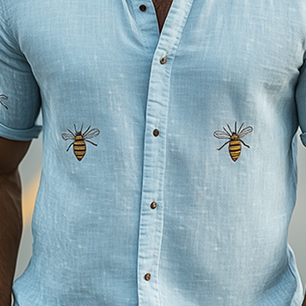 Men's Summer Casual Shirt | Stand Collar | Cotton Linen Blend | Animal Embroidery | Short Sleeve | Lightweight Breathable | Relaxed Fit | Versatile Styling | Fashionable Statement