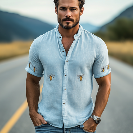 Men's Summer Casual Shirt | Stand Collar | Cotton Linen Blend | Animal Embroidery | Short Sleeve | Lightweight Breathable | Relaxed Fit | Versatile Styling | Fashionable Statement
