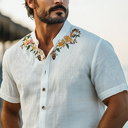 Men's Hawaiian Shirt | Summer Casual | Stand Collar | Cotton Linen Blend | Embroidered | Short Sleeve | Breathable | Relaxed Fit | Beachwear | Stylish Men's Top | Perfect for Summer Outings
