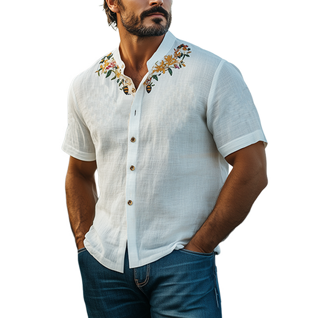 Men's Hawaiian Shirt | Summer Casual | Stand Collar | Cotton Linen Blend | Embroidered | Short Sleeve | Breathable | Relaxed Fit | Beachwear | Stylish Men's Top | Perfect for Summer Outings