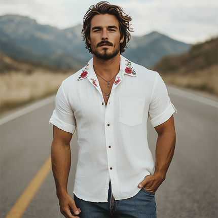 Men's Summer Casual Shirt | Cotton Linen Blend | Cuban Collar | Rose Embroidery | Short Sleeve | Breathable Fabric | Relaxed Fit | Ideal for Casual or Semi-Formal Occasions