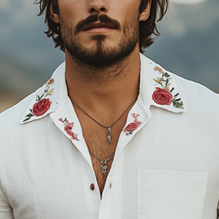 Men's Summer Casual Shirt | Cotton Linen Blend | Cuban Collar | Rose Embroidery | Short Sleeve | Breathable Fabric | Relaxed Fit | Ideal for Casual or Semi-Formal Occasions