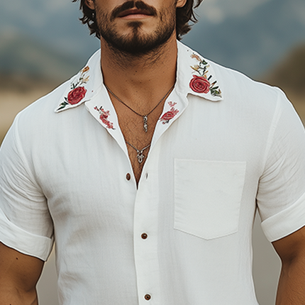 Men's Summer Casual Shirt | Cotton Linen Blend | Cuban Collar | Rose Embroidery | Short Sleeve | Breathable Fabric | Relaxed Fit | Ideal for Casual or Semi-Formal Occasions