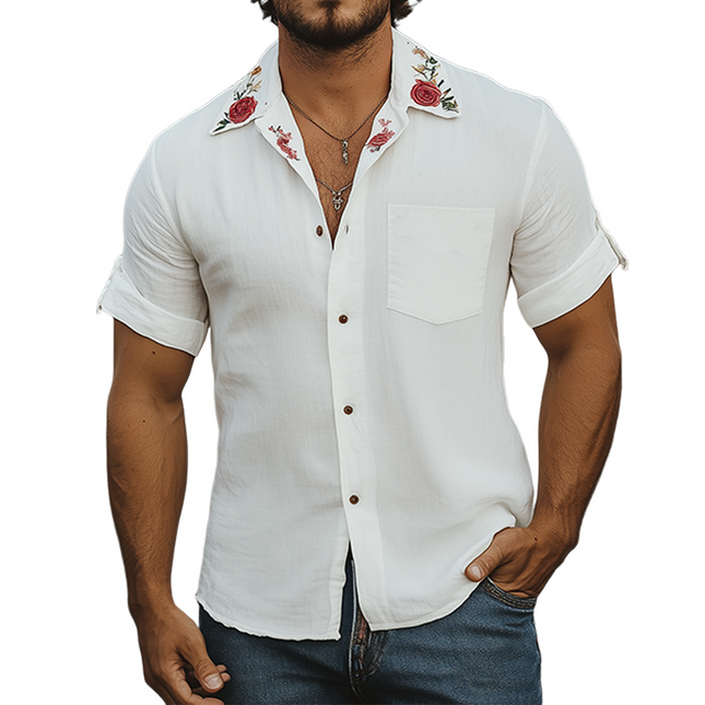 Men's Summer Casual Shirt | Cotton Linen Blend | Cuban Collar | Rose Embroidery | Short Sleeve | Breathable Fabric | Relaxed Fit | Ideal for Casual or Semi-Formal Occasions