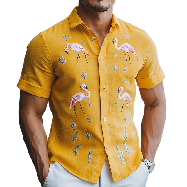 Men's Summer Hawaiian Shirt | Cotton Linen Blend | Flamingo Embroidery | Short Sleeve | Casual Relaxed Fit | Breathable Beachwear | Tropical Style | Machine Washable | Versatile for Summer Events