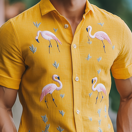 Men's Summer Hawaiian Shirt | Cotton Linen Blend | Flamingo Embroidery | Short Sleeve | Casual Relaxed Fit | Breathable Beachwear | Tropical Style | Machine Washable | Versatile for Summer Events
