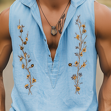 Men's Floral Embroidery Hooded Tank Top | Cotton Linen Blend | Deep V-Neck Casual Summer Shirt | Stylish & Breathable | Relaxed Fit | Ideal for Layering | Versatile Fashion for Warm Weather
