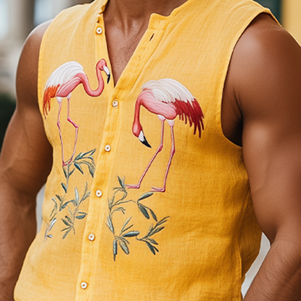 Men's Summer Casual Tank Top | Hawaiian Style | Cotton Linen Blend | Flamingo Embroidery | Breathable Sleeveless Shirt | Relaxed Fit Beachwear | Tropical Summer Fashion