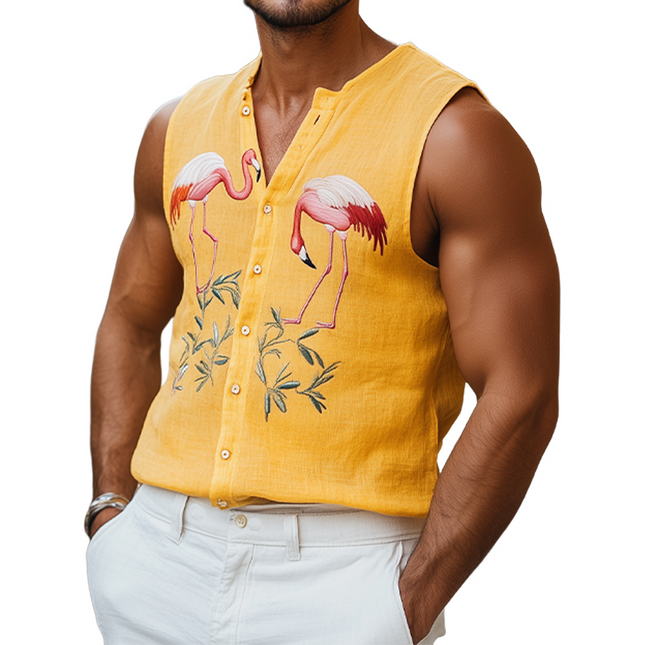Men's Summer Casual Tank Top | Hawaiian Style | Cotton Linen Blend | Flamingo Embroidery | Breathable Sleeveless Shirt | Relaxed Fit Beachwear | Tropical Summer Fashion