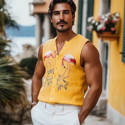 Men's Summer Casual Tank Top | Hawaiian Style | Cotton Linen Blend | Flamingo Embroidery | Breathable Sleeveless Shirt | Relaxed Fit Beachwear | Tropical Summer Fashion