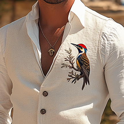 Men's Hawaiian Style Vest | Summer Cotton Linen | Embroidered Woodpecker Design | Casual Fashion | Lightweight & Breathable | Tropical Vibe | Relaxed Fit | Nature-Inspired Accent | Easy Care