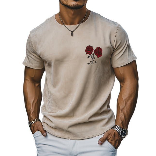 Men's Summer Casual T-Shirt | Thin Suede Fabric | Rose Embroidered Design | Short Sleeve Comfort | Stylish Streetwear for Warm Weather