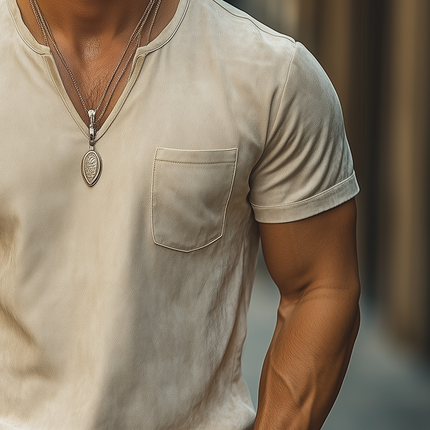 Men's Summer Casual T-Shirt | Thin Suede V-neck | Short Sleeve with Pocket | Lightweight & Breathable