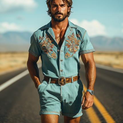Men's Summer Retro Tencel Denim Jumpsuit | Casual Western Style | Embroidered Details | Breathable Lightweight Fabric | Soft and Eco-Friendly | No Belt Included | Ideal for Warm Weather | Stylish All-in-One Outfit