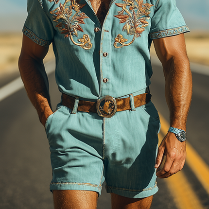 Men's Summer Retro Tencel Denim Jumpsuit | Casual Western Style | Embroidered Details | Breathable Lightweight Fabric | Soft and Eco-Friendly | No Belt Included | Ideal for Warm Weather | Stylish All-in-One Outfit