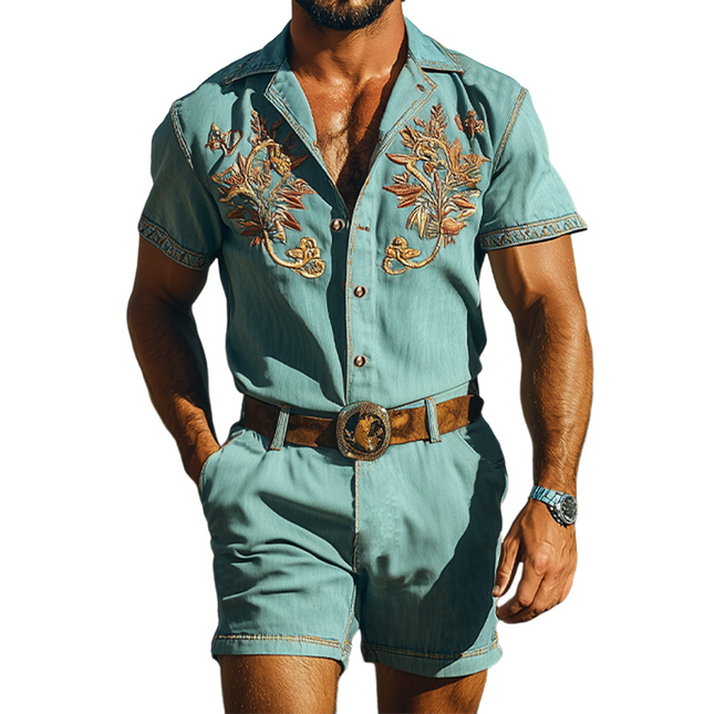 Men's Summer Retro Tencel Denim Jumpsuit | Casual Western Style | Embroidered Details | Breathable Lightweight Fabric | Soft and Eco-Friendly | No Belt Included | Ideal for Warm Weather | Stylish All-in-One Outfit