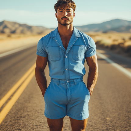 Men's Retro Tencel Denim Jumpsuit | Summer Fashion | Casual Lightweight One-Piece | Premium Breathable Fabric | Vintage Utility Design | Comfortable | Versatile Styling | Durable | Men's Clothing