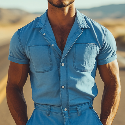 Men's Retro Tencel Denim Jumpsuit | Summer Fashion | Casual Lightweight One-Piece | Premium Breathable Fabric | Vintage Utility Design | Comfortable | Versatile Styling | Durable | Men's Clothing