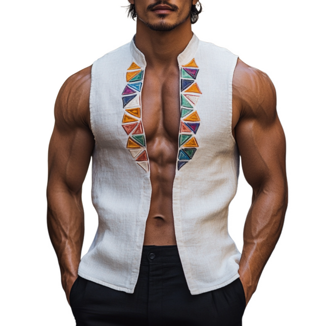 Men's Sleeveless Linen Shirt | Stand Collar | Colorful Triangle Embroidery | Lightweight & Breathable | Summer Casual Wear | Versatile Styling | Easy Care | Multiple Sizes