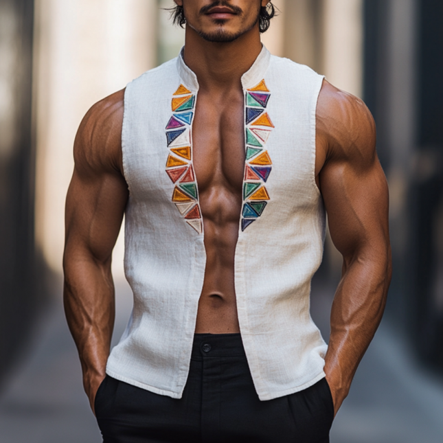 Men's Sleeveless Linen Shirt | Stand Collar | Colorful Triangle Embroidery | Lightweight & Breathable | Summer Casual Wear | Versatile Styling | Easy Care | Multiple Sizes