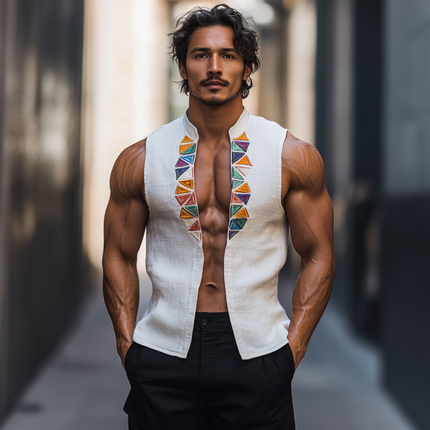Men's Sleeveless Linen Shirt | Stand Collar | Colorful Triangle Embroidery | Lightweight & Breathable | Summer Casual Wear | Versatile Styling | Easy Care | Multiple Sizes